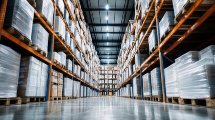 Poster - Industrial warehouse interior with stacked PVC pipes and organized shelving for efficient storage and logistics management.