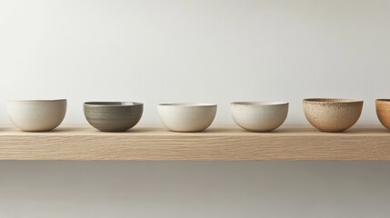 Poster - Rows of handcrafted ceramic bowls displayed on a wooden shelf showcasing natural textures and earthy tones in minimalist decor