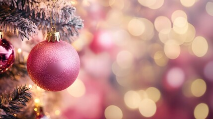 Poster - Pink bokeh background featuring a Christmas tree ornament creating a festive and dreamy atmosphere ideal for holiday themes.