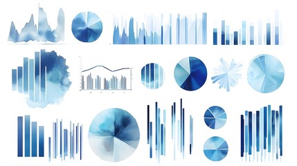 Aufkleber - A collection of sleek bar graphs, pie charts, and line graphs rendered in blue and silver tones, arranged in an organized grid. White background. No shadow