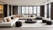 © HuynhThiThuy - A modern living room featuring a gray modular sofa, sleek black and white decor, and sunlight pouring through large panoramic windows.