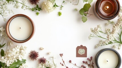 Poster - Poster frame mockup with candles and flowers creating a serene decor setting and inviting blank space for creative content on white background