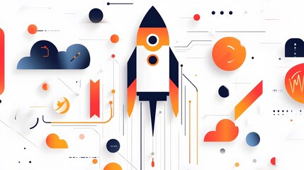 Aufkleber - A creative depiction of a rocket icon, graphs, and upward-moving lines symbolizing business growth and launch. White background. No shadow