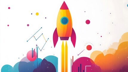 Aufkleber - A creative depiction of a rocket icon, graphs, and upward-moving lines symbolizing business growth and launch. White background. No shadow