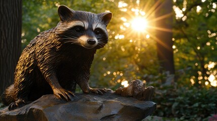Poster - Raccoon statue illuminated by golden hour sunlight in a serene outdoor setting