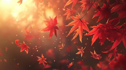 Poster - Autumn maple leaves glowing in sunlight creating a warm seasonal atmosphere with a focus on vibrant red hues and soft bokeh effects
