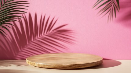 Poster - Minimalist wooden podium with palm leaf shadows on pink wall for showcasing cosmetic products in an elegant abstract presentation setting