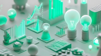 Aufkleber - A collection of innovative tools, including glowing lightbulbs, flowing graphs, and cog icons. White background. No shadow