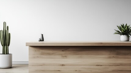 Poster - Scandinavian style reception desk with minimalistic design showcasing cactus and greenery in modern interior setting