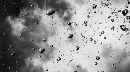 Poster - Raindrops on window glass creating a natural pattern against a dramatic cloudy backdrop in monochrome tones