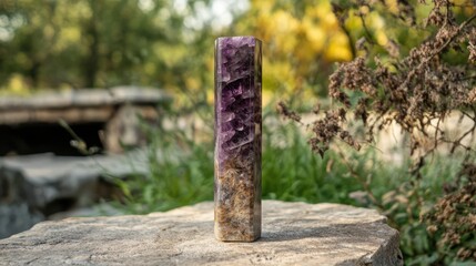 Poster - polished natural purple amethyst crystal stake on rock with blurred natural background