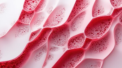 Poster - Vibrant abstract close-up of textured red and pink bubbles on a white background, creating a lively visual pattern, artistic design, modern style, smooth surface, dynamic composition.