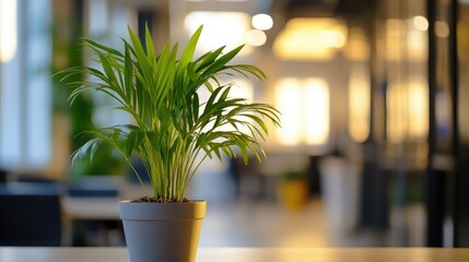 Poster - Potted green plant on a desk in a modern office setting, soft bokeh background highlighting warm light and contemporary design, nature, workspace, tranquility, indoor greenery.
