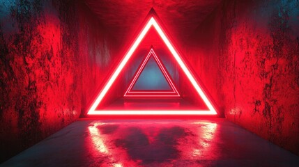 Poster - Neon Triangles in Dark Tunnel with Reflections and Smooth Surface