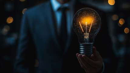 Poster - A man is holding a light bulb in his hand. Concept of innovation and creativity, as the light bulb is often associated with new ideas and inventions