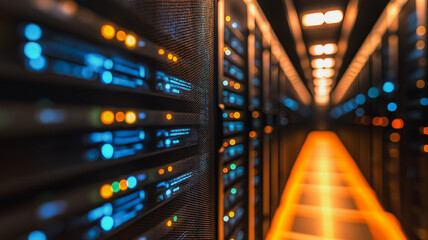 Poster - A computer server room with many computer servers. The servers are lit up with bright colors
