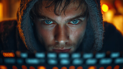 Poster - A man with a hoodie on and a keyboard in front of him. He is looking at the keyboard
