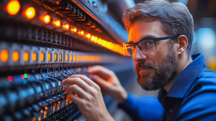 Poster - A man with glasses is looking at a computer monitor with a lot of lights on it