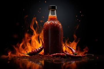 Wall Mural - Chilly sauce or ketchup in glass bottle made of red hot chili peppers on black background with flame and smoke. Mexican paprika spice. Mockup for logo or design