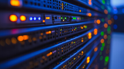 Poster - A row of computer servers with lights on them