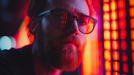 Poster - A man with glasses and a beard is looking at the camera. The image has a moody and mysterious feel to it, as the man's gaze seems to be focused on something beyond the frame