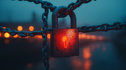 Poster - A chain link fence with a red keyhole. The chain link fence is surrounded by a blurry background