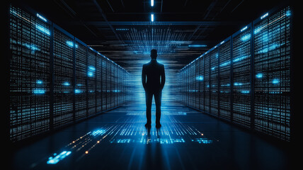 Poster - A man stands in a large room with many computer monitors. The room is dark and the man is the only visible figure. The scene gives off a sense of isolation and loneliness
