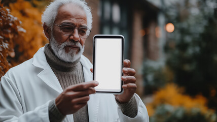 Poster - A man in a white lab coat holding a tablet with a blank screen