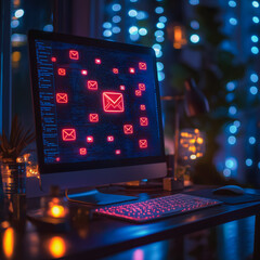 Poster - A computer monitor displays a red screen with many red icons