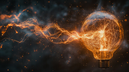 Poster - A glowing light bulb is surrounded by sparks and smoke