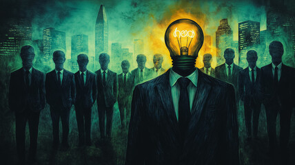 Poster - A man with a light bulb on his head stands in front of a group of people. The image is a representation of the idea of a group of people coming together to create something new and innovative