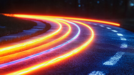 Poster - A road with a bright orange line that is curved. The road is wet and the line is very bright