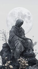 Canvas Print - Contemplative Stone Figure Under the Moon: A Surreal, Monochromatic Masterpiece