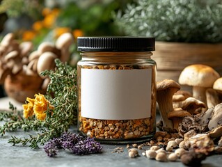 Wall Mural - A glass jar filled with dried herbs and spices, surrounded by various mushrooms and fresh greenery, creating a natural and organic aesthetic.