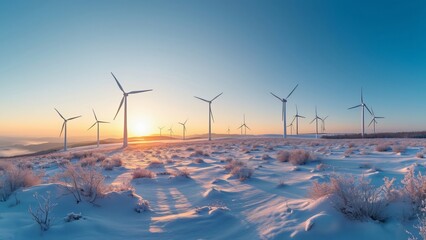 panoramic golden hour view, snow-covered landscape with wind turbines