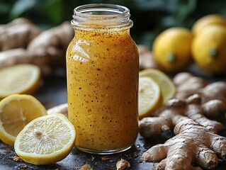 Wall Mural - A vibrant jar of ginger lemon dressing surrounded by sliced lemons and fresh ginger, showcasing a healthy and zesty culinary creation.