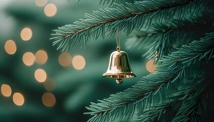 Wall Mural - Golden Bell Christmas Ornament Hanging on Festive Evergreen Tree Branch