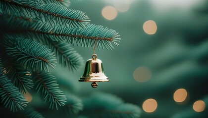 Wall Mural - Golden Bell Christmas Ornament Hanging on Festive Evergreen Tree Branch