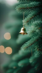 Wall Mural - Golden Bell Christmas Ornament Hanging on Festive Evergreen Tree Branch