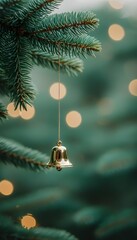 Wall Mural - Golden Bell Christmas Ornament Hanging on Festive Evergreen Tree Branch