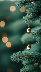 Wall Mural - Golden Bell Christmas Ornament Hanging on Festive Evergreen Tree Branch