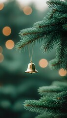 Wall Mural - Golden Bell Christmas Ornament Hanging on Festive Evergreen Tree Branch