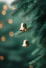 Wall Mural - Golden Bell Christmas Ornament Hanging on Festive Evergreen Tree Branch
