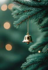 Wall Mural - Golden Bell Christmas Ornament Hanging on Festive Evergreen Tree Branch