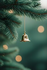 Wall Mural - Golden Bell Christmas Ornament Hanging on Festive Evergreen Tree Branch