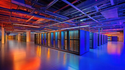 Poster - A futuristic data center features orderly racks, glowing LEDs, and KVM monitors in a vibrant setup.