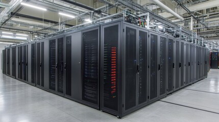Poster - A modern data center with glowing LEDs and advanced racks symbolizes tech precision and innovation.