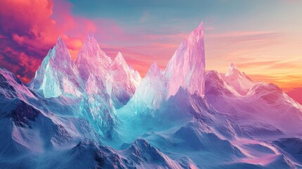 Poster - A polygon panorama with crystalline peaks and a vivid sunset invites surreal exploration.