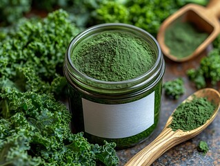 Wall Mural - A jar of green powder surrounded by fresh kale leaves, highlighting the vibrant color and health benefits of this nutrient-rich ingredient.