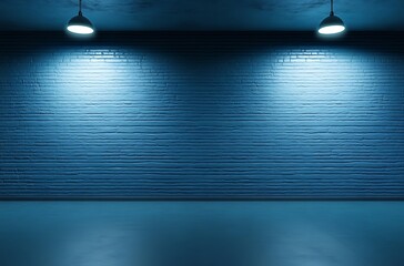 A photorealistic blue modern studio with a single brick wall, bathed in the glow of one soft ceiling light